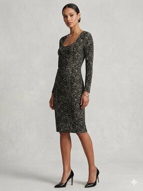 Suzy Shier Black and Cream Paisley Midi Dress